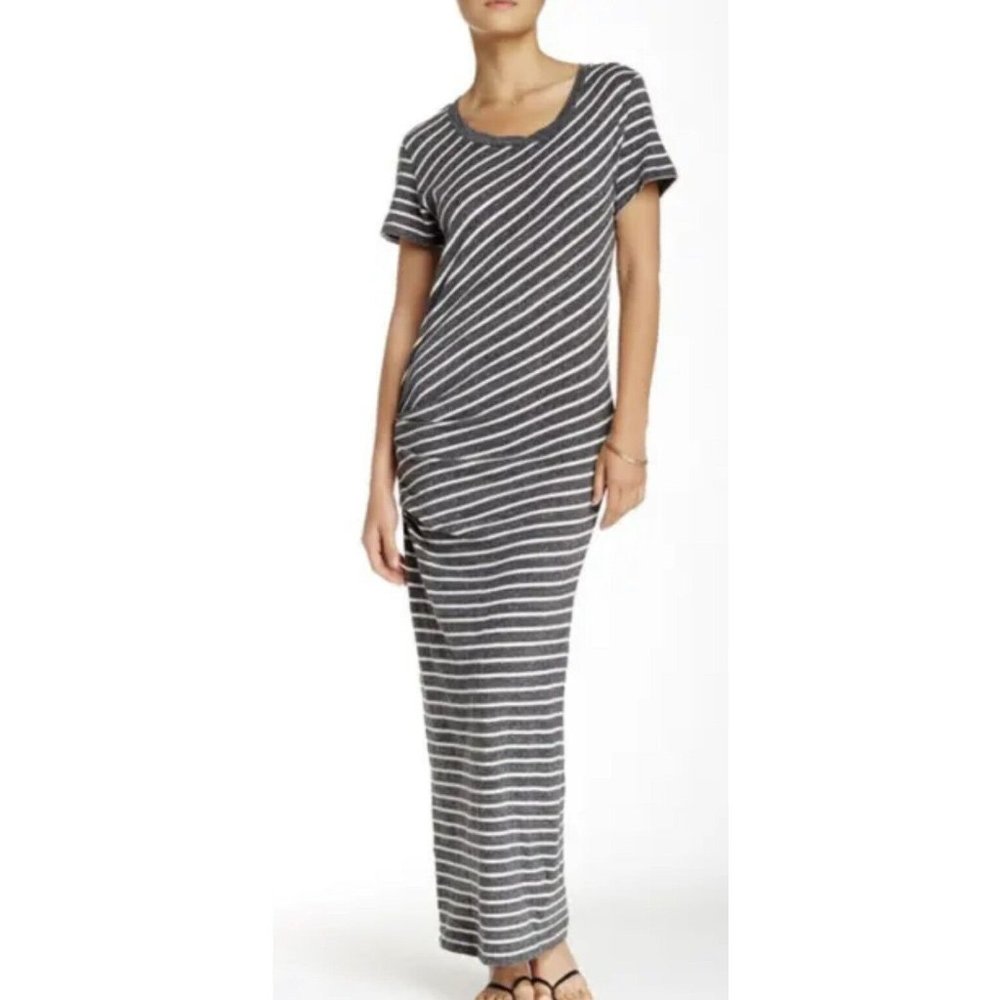 Women's James Perse Striped S/S Ruched Maxi Dress Heather Charcoal Sz 4 (XL) NWT